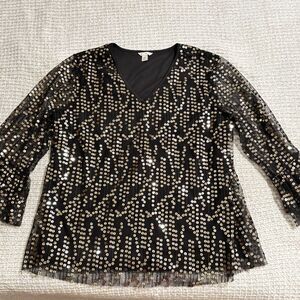 Black Gold Sequin Mesh Top M Sheer Long Sleeve Party Holiday New Years Blouse